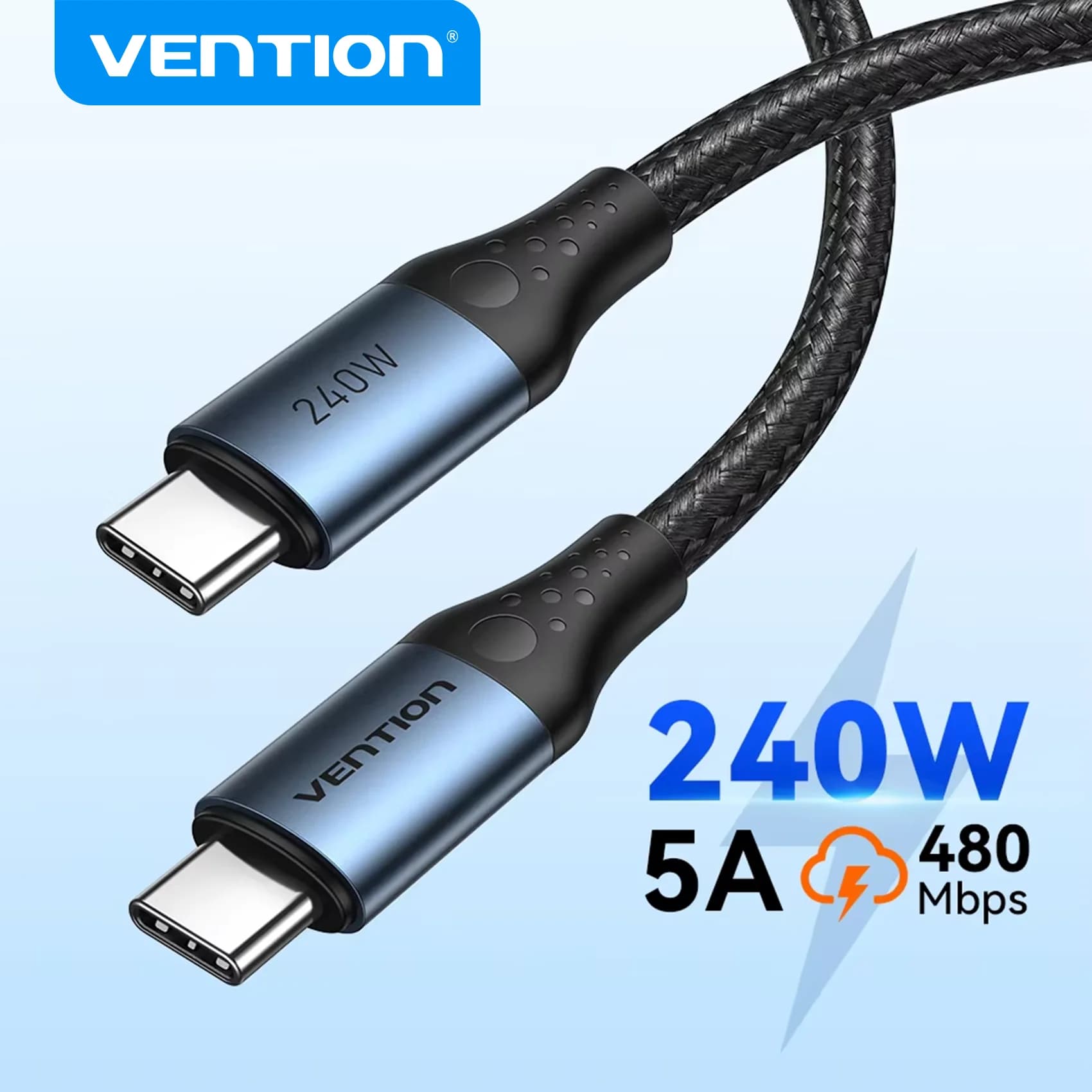 Cavo Vention 240W da USB-C a USB-C PD3.1 5A per Ricarica Rapida, Compatibile con iPhone 17 16 15, Samsung S24, Xiaomi 17, MacBook e Laptop