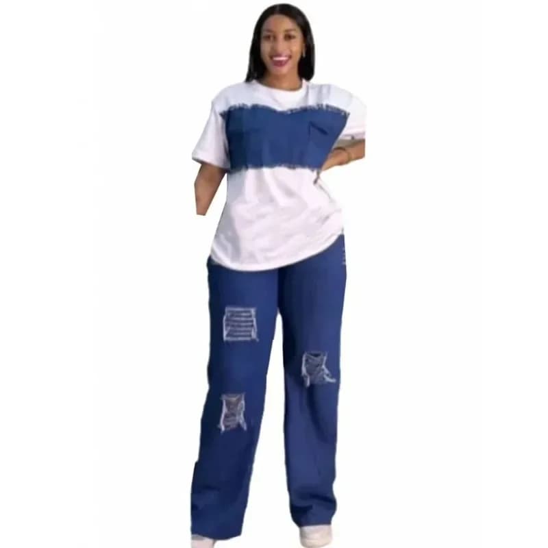 Set da donna 2 pezzi Dashiki Denim Abiti africani Estate New Fashion Top a maniche corte e abito di jeans Set coordinati da donna per feste