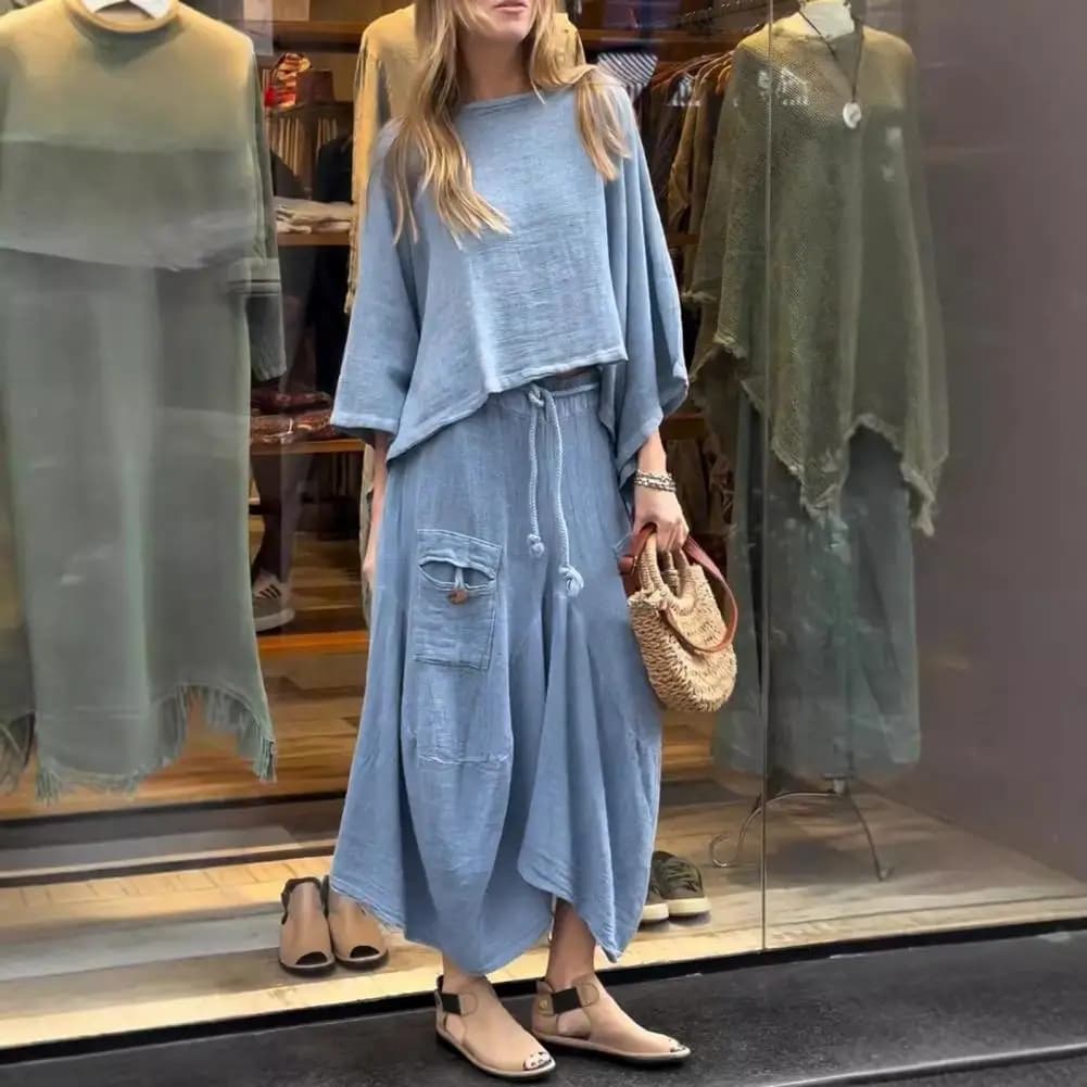 Set Top e Gonna da Donna, Abbigliamento Femminile 2 Pezzi, Set Top e Gonna Vintage con Collo Tondo, Manica Tre Quarti, Blusa con Vita Elasticizzata