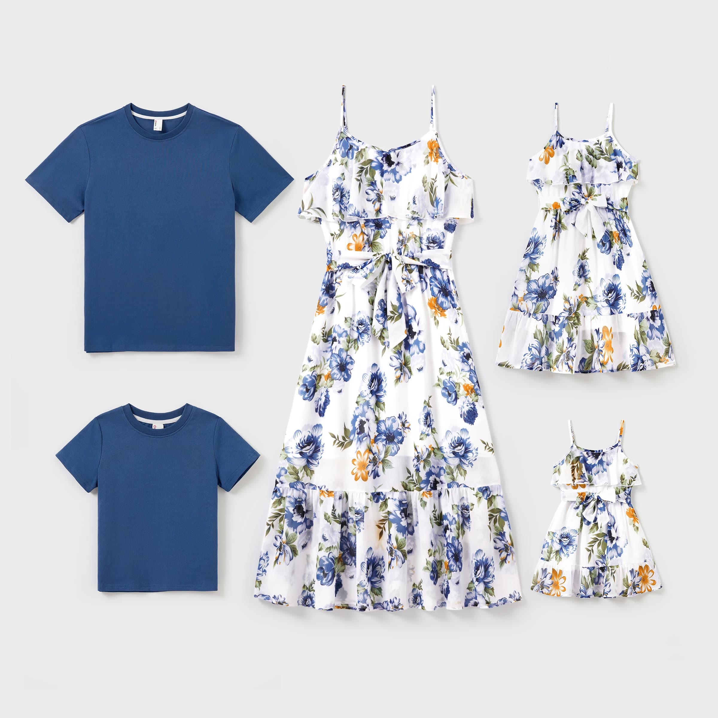 PatPat Abiti coordinati per la famiglia T-shirt in cotone blu o abito con cintura con spalline e stampa floreale Look estivo per la famiglia