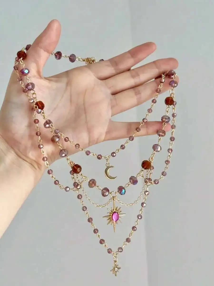 Collana vintage a strati con perline e ciondolo sole, luna e stella per donna