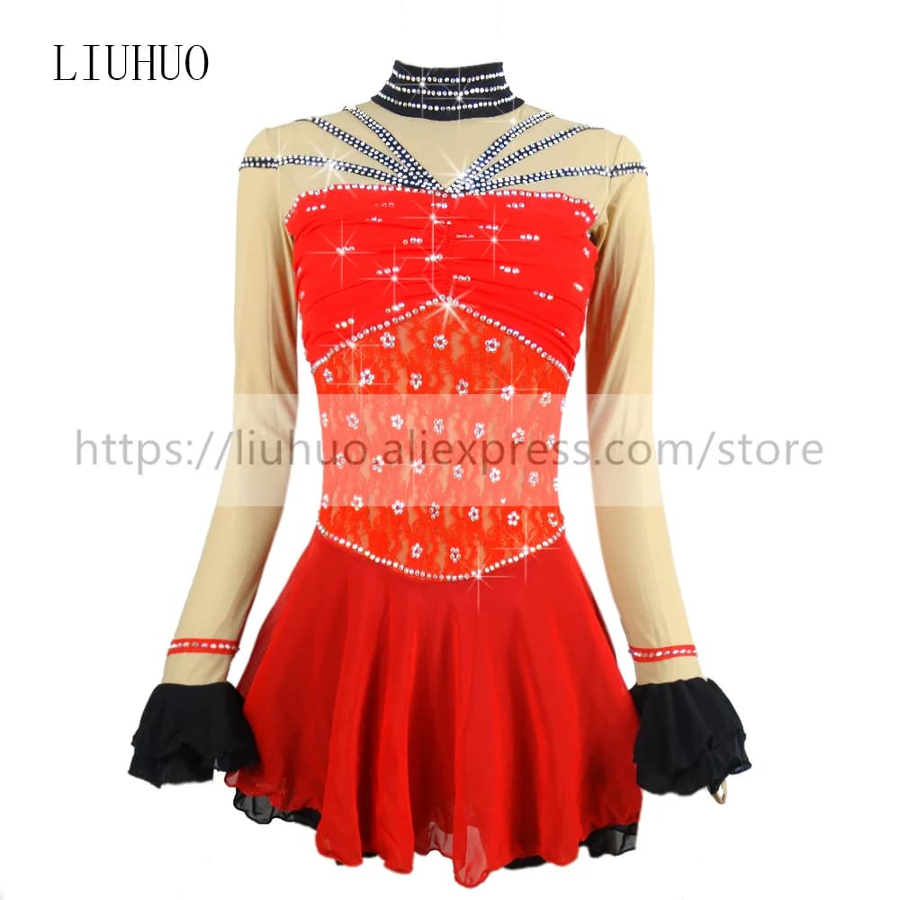 LIUHUO Donne Ragazze Prestazioni Concorso di Balletto Body Pattinaggio di Figura sul Ghiaccio Vestito Costume da Ballo Gonna Rossa Adolescenti Manica Lunga Bambino