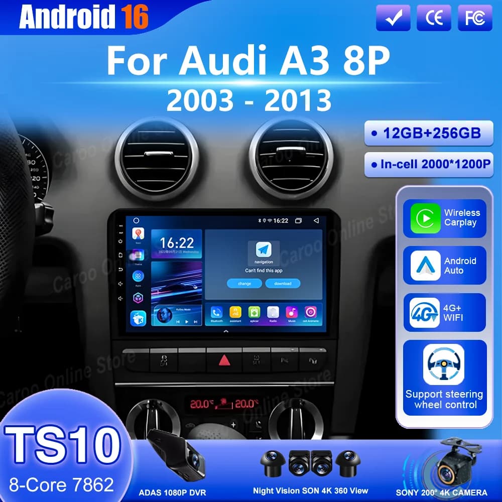 Android 16 Carplay Per Audi A3 8P 2003 2004 2005 2006 -2013 Auto Lettore Multimediale Radio Stereo Navigazione GPS Bluetooth 4G + WIFI