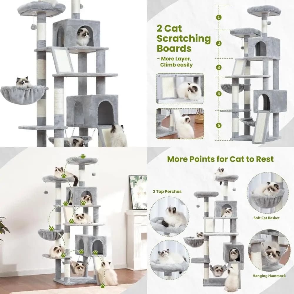 71 Albero per Gatti da Interno Grande, Torre Multilivello con 2 Tiragraffi, 7 Pali, 2 Posizioni per Riposare, Amaca - Grigio Chiaro GCT032W
