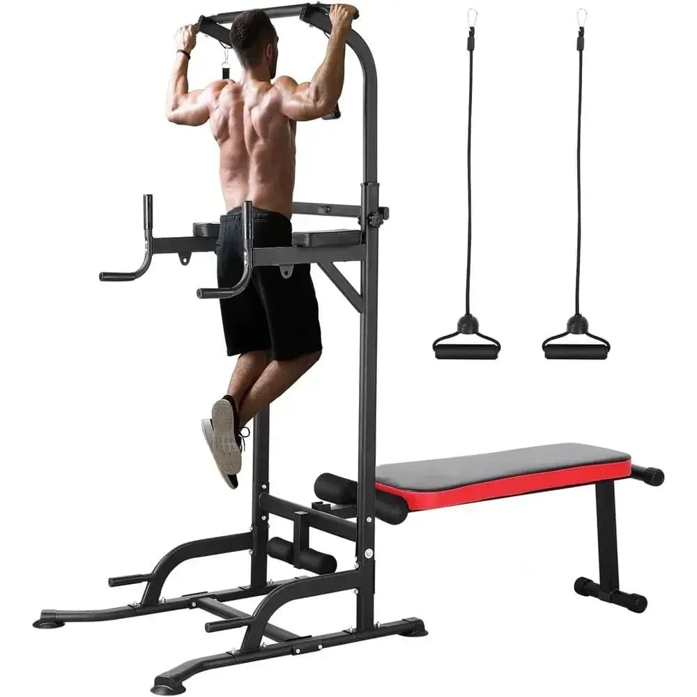 All-in-One Adjustable Home Gym with Bench, Pull Up Bar, Dip Station, and 4 Ropes for Strength Training, Supports Up to 400lbs