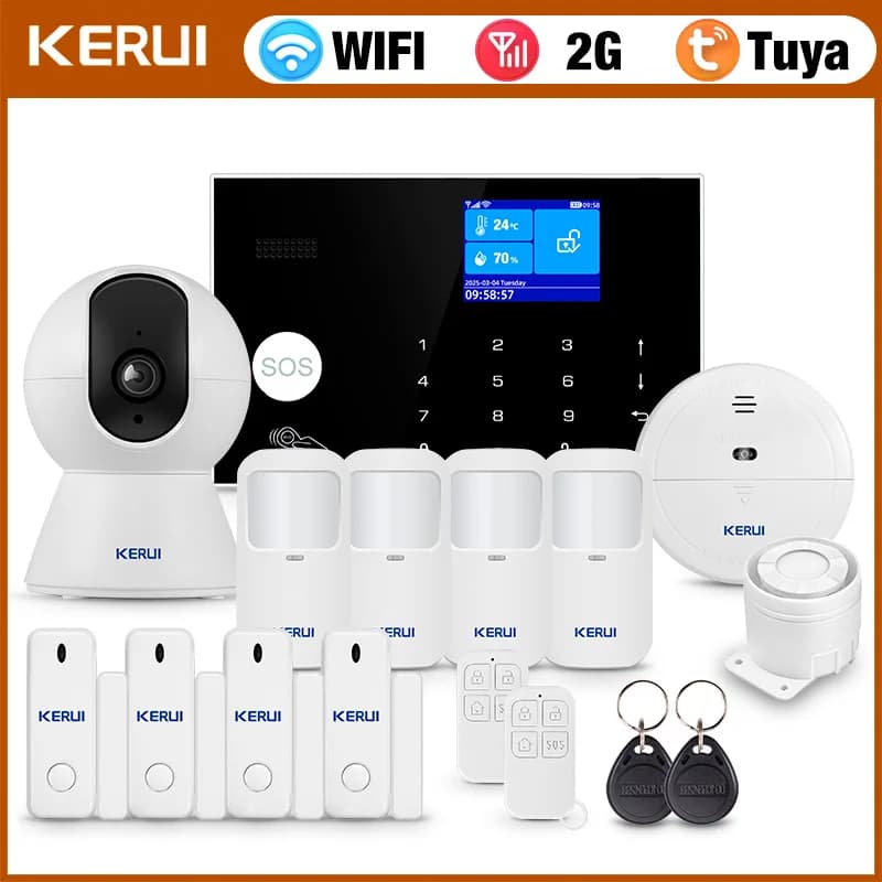 KERUI Sistema di Allarme Domestico WiFi + GSM 2G con Sirena Sistema di Allarme Casa con App Tuya Sistema di Allarme Intelligente Sensore di Movimento Sensore Porta