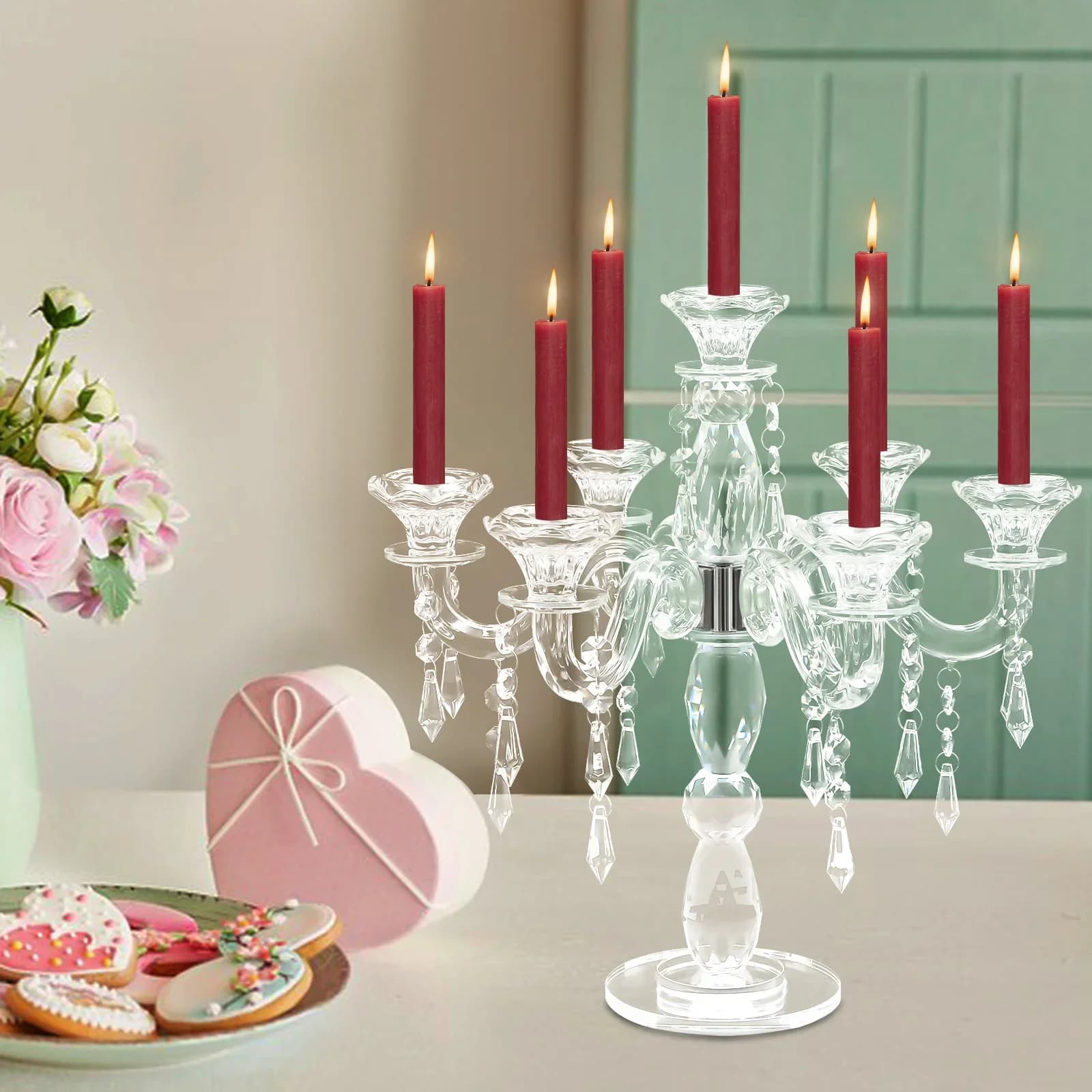 Centrotavola candelabri in cristallo trasparente a 7 bracci - Portacandele in vetro per l'arredamento del tavolo da pranzo di nozze - Candelabri moderno a 7 rami