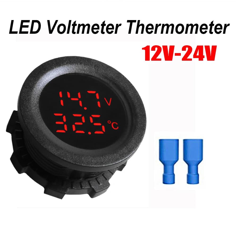 Voltmetro di temperatura rotondo per auto 12-24V Misuratore di tensione automatico Display Misurazione digitale per termometro per barche per auto moto