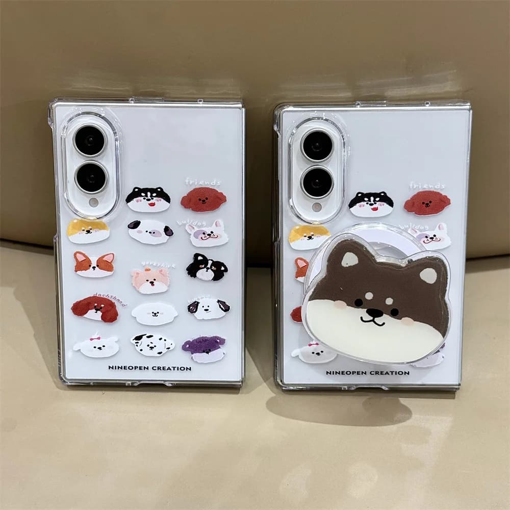 Cute Dog Head Print Phone Case For Samsung Galaxy Z Fold8 Ultra 7 6 5 4 3 Shiba Inu Magnetic Stand Protection Clear Hard Cover