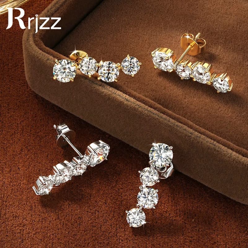 Rrjzz 5mm&4.5mm&4mm 4 Stone D-Color Moissanite Climber Stud Earrings Hypoallergenic Charms Women Earrings Birthday Jewelry Gifts