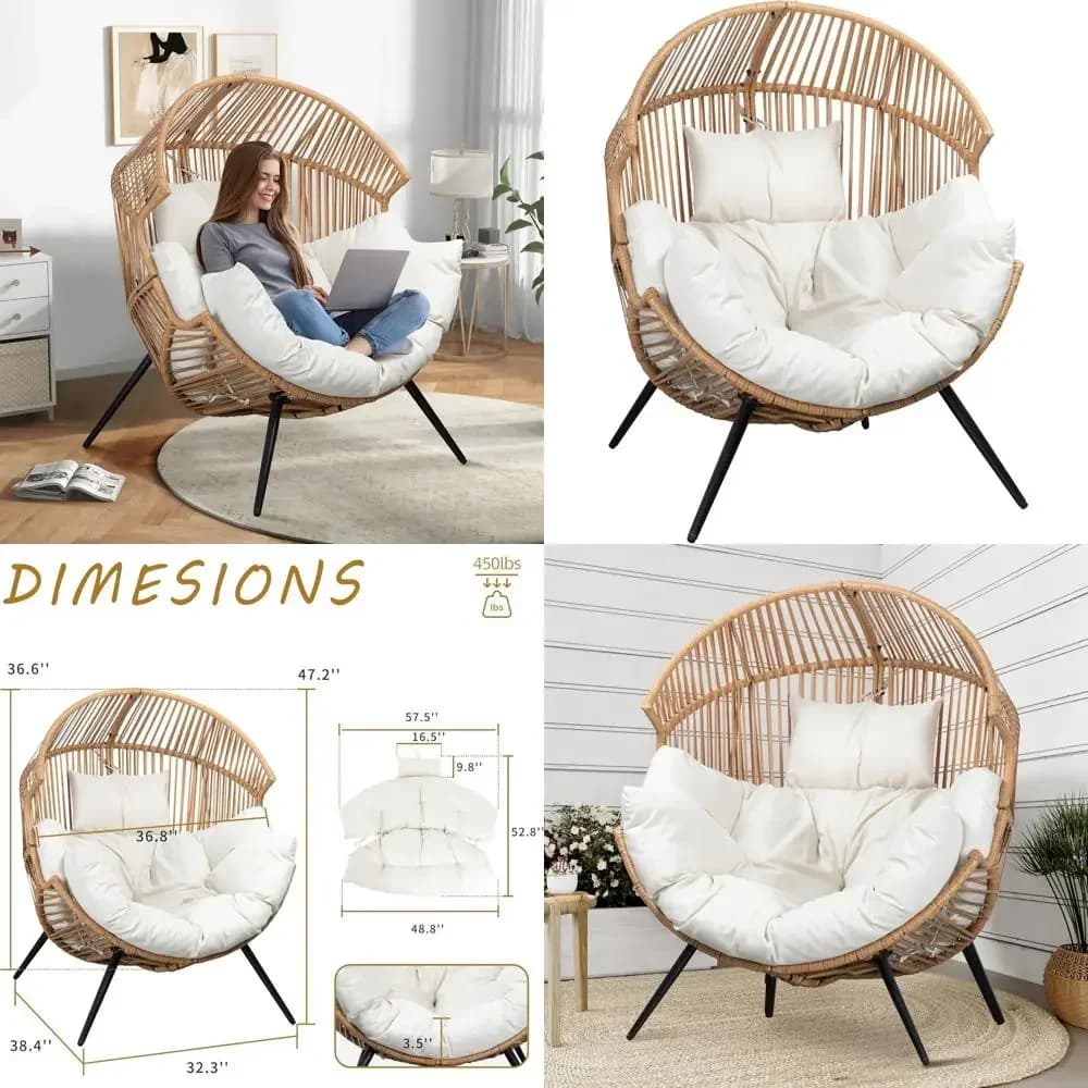 Rattan outdoor wicker egg chair with pillow, oversize patio lounge chair with pillow, egg basket chair, egg seat