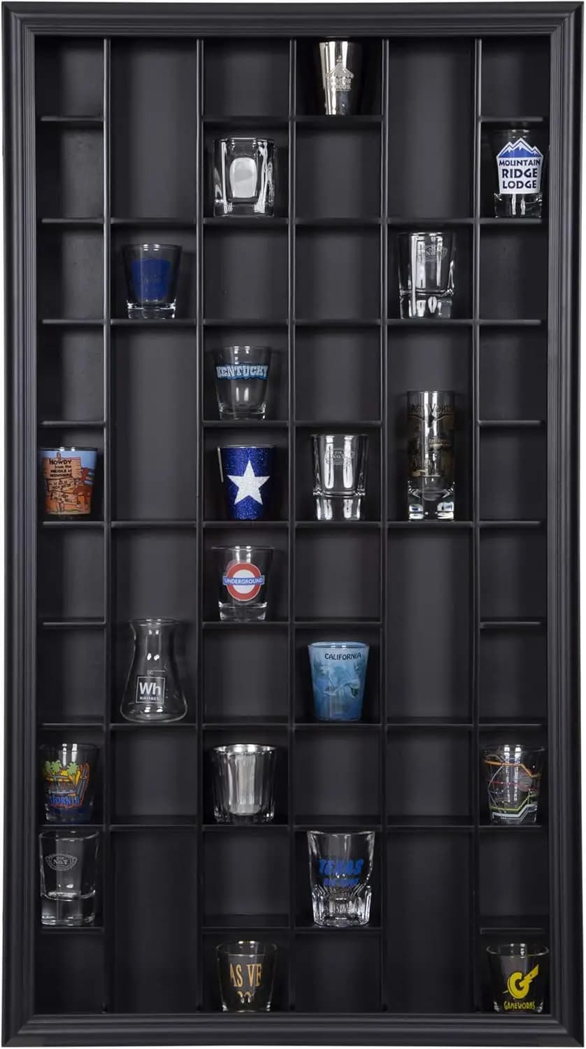Vetrina da Parete Nera per Oggetti da Collezione e Bicchierini - Porta in Vetro 17"x32" - Accessori da Bar per Vetreria in Miniatura da Collezione