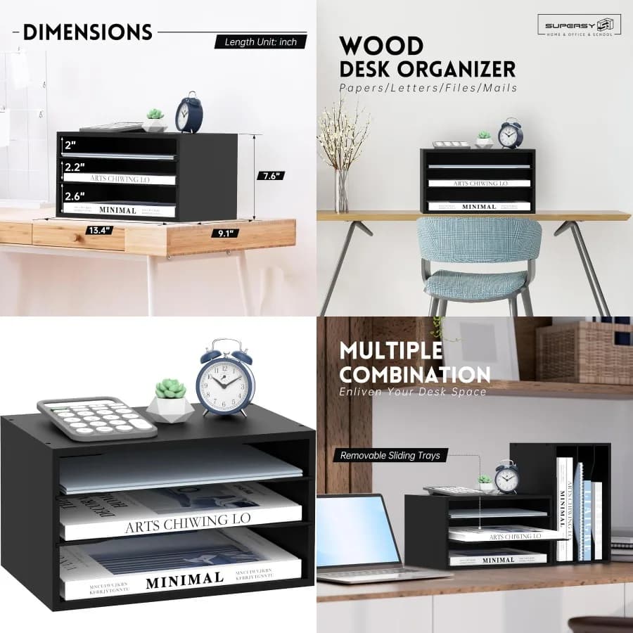 SUPEASY Organizer da scrivania in legno - Organizzatore di file di carta a 3 livelli per ufficio, scuola e uso domestico Nero - Soluzione di archiviazione efficiente con