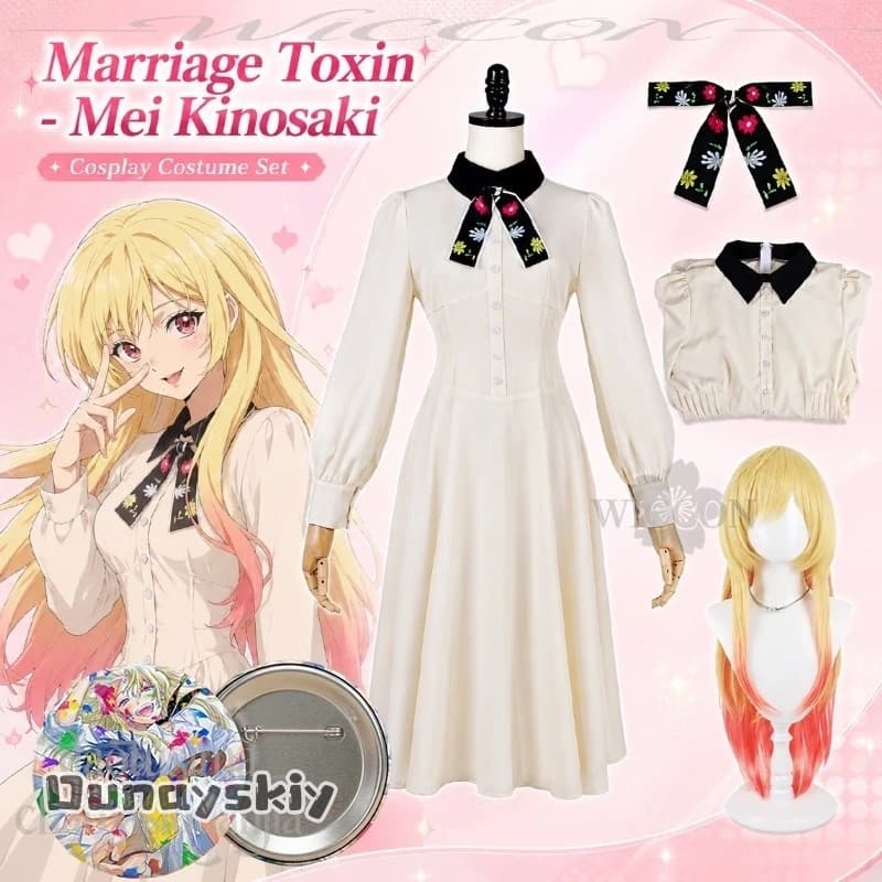 Costume Cosplay Marriage Toxin Mei Kinosaki, Uniforme Scolastica Giapponese JK, Abito Lungo Bianco Kawaii Y2K, Parrucche Jirai Kei, Distintivo, Halloween