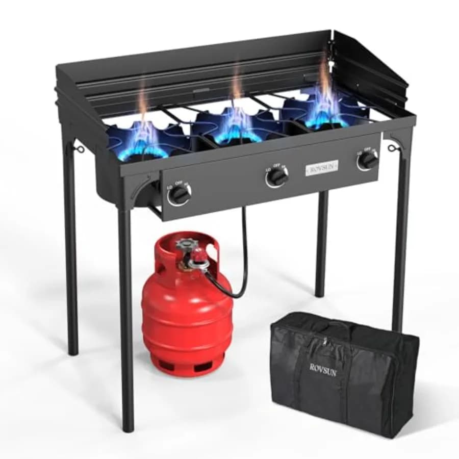 Fornello a Gas Propano a 3 Fuochi con Borsa per il Trasporto, 225.000 BTU, per Patio, Campeggio, con Pannello Antivento, Regolatore Certificato CSA in B