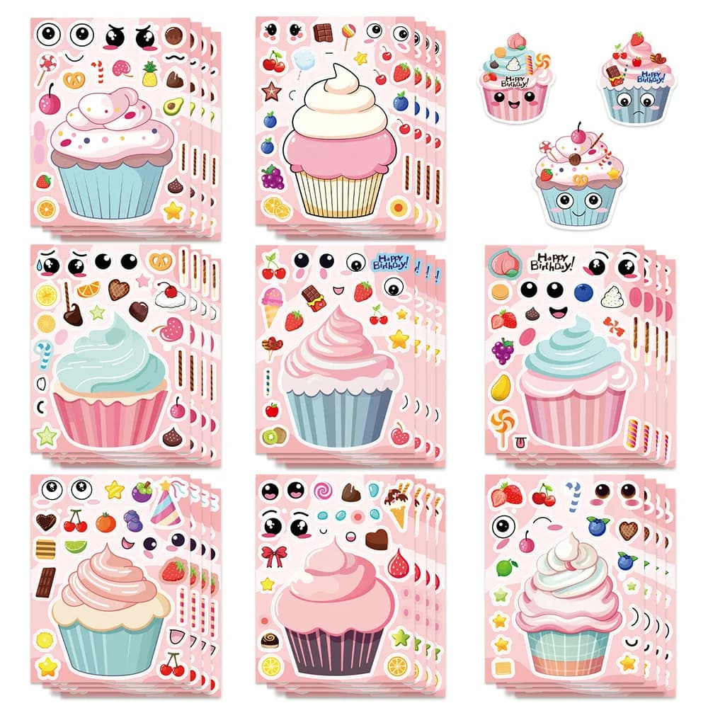 8/16PCS Paper Cupcake Stickers Cute Cartoon Make a Face Decals Notebook Water Cups Laptop Decorative Waterproof Stickers