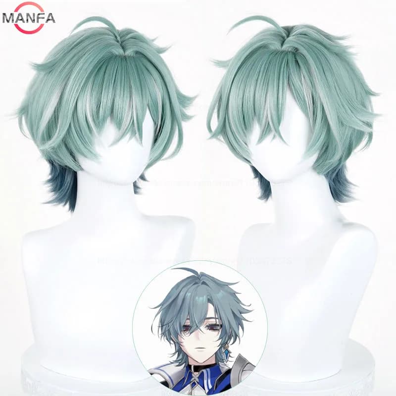 Genshin Impact Lohen Cosplay Wig Light Green and Blue Mix Short wig Heat Resistant Synthetic Anime Wigs + Wig Cap