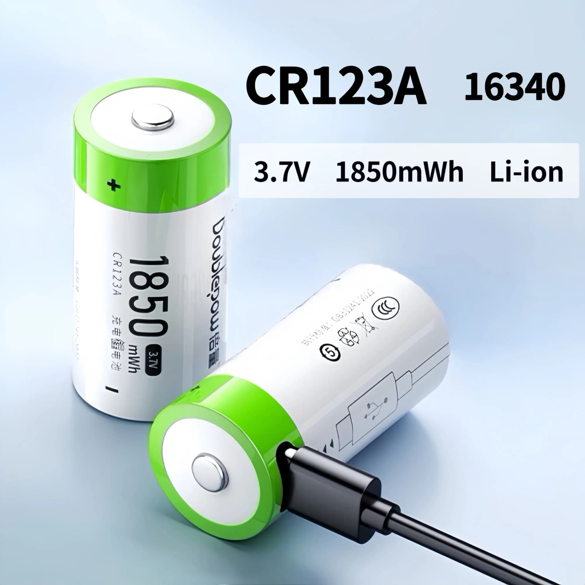 Batteria CR123A 3.7V 1850mWh 16340 Batteria al litio ricaricabile USB per fotocamera, torcia, vaporizzatore, rilevatore di fumo, monitor, walkie-talkie