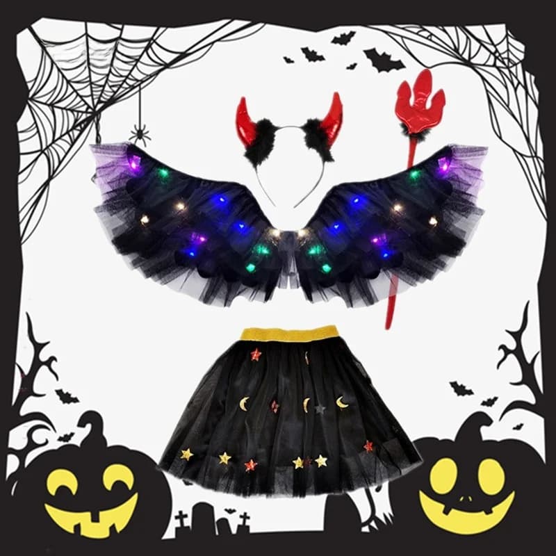 Halloween Children's Dark Mesh Devil Wings Set Angel Props Semi-skirt Stage Glowing Performance Clothing Demon Wings Costume