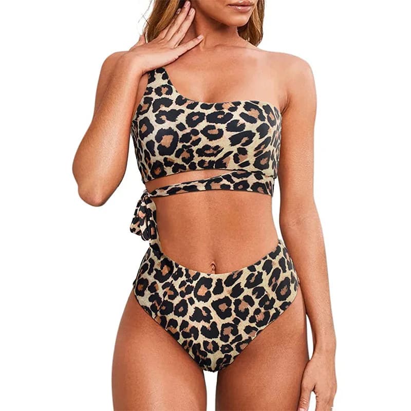 2025 Nuovo leopardo bikini a due pezzi costume da bagno monospalla da donna sexy fasciatura costumi da bagno senza schienale costume da bagno da spiaggia push up stretto
