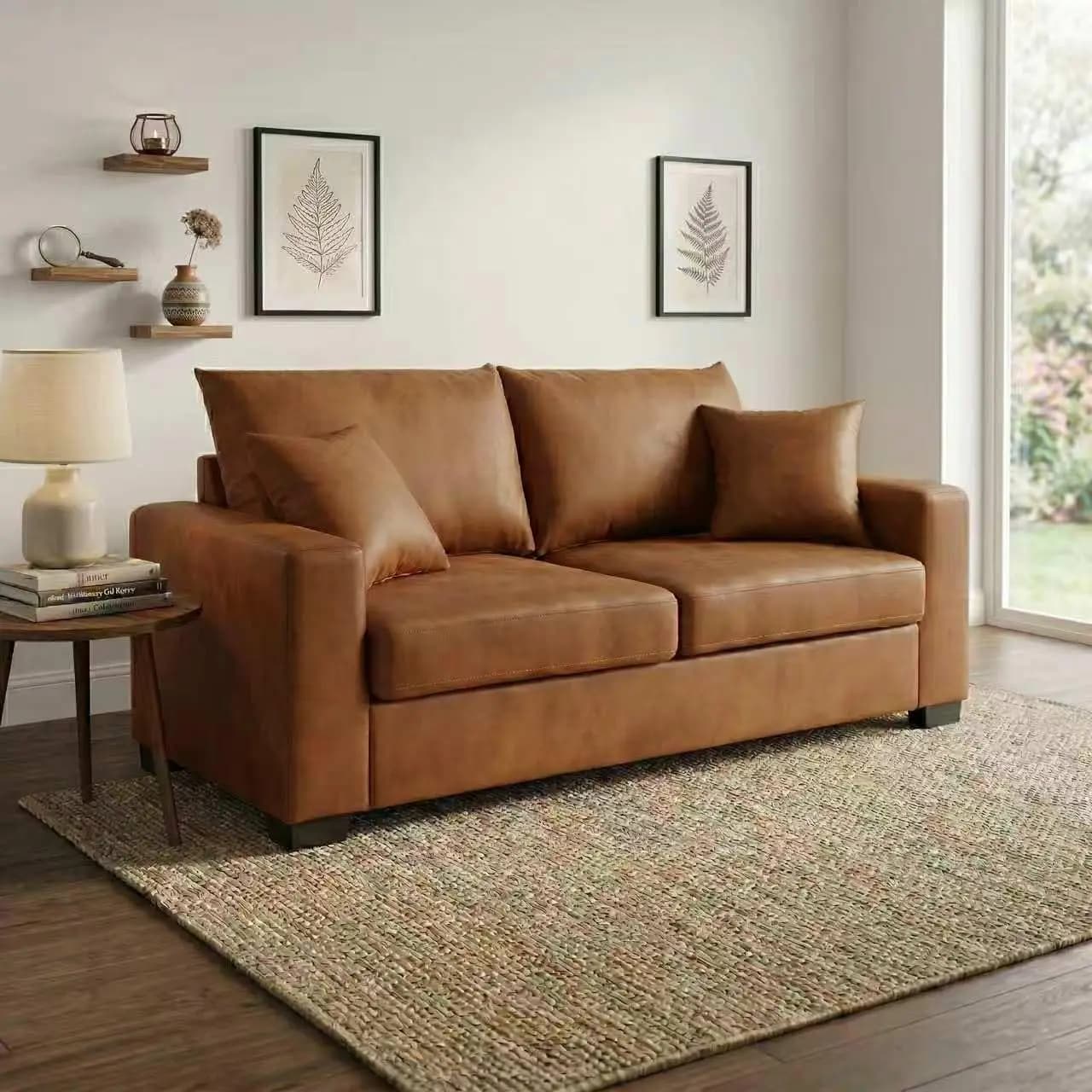 Divano a due posti imbottito da 69 pollici con cuscini decorativi, gambe in plastica robusta, per soggiorno, ufficio, marrone chiaro