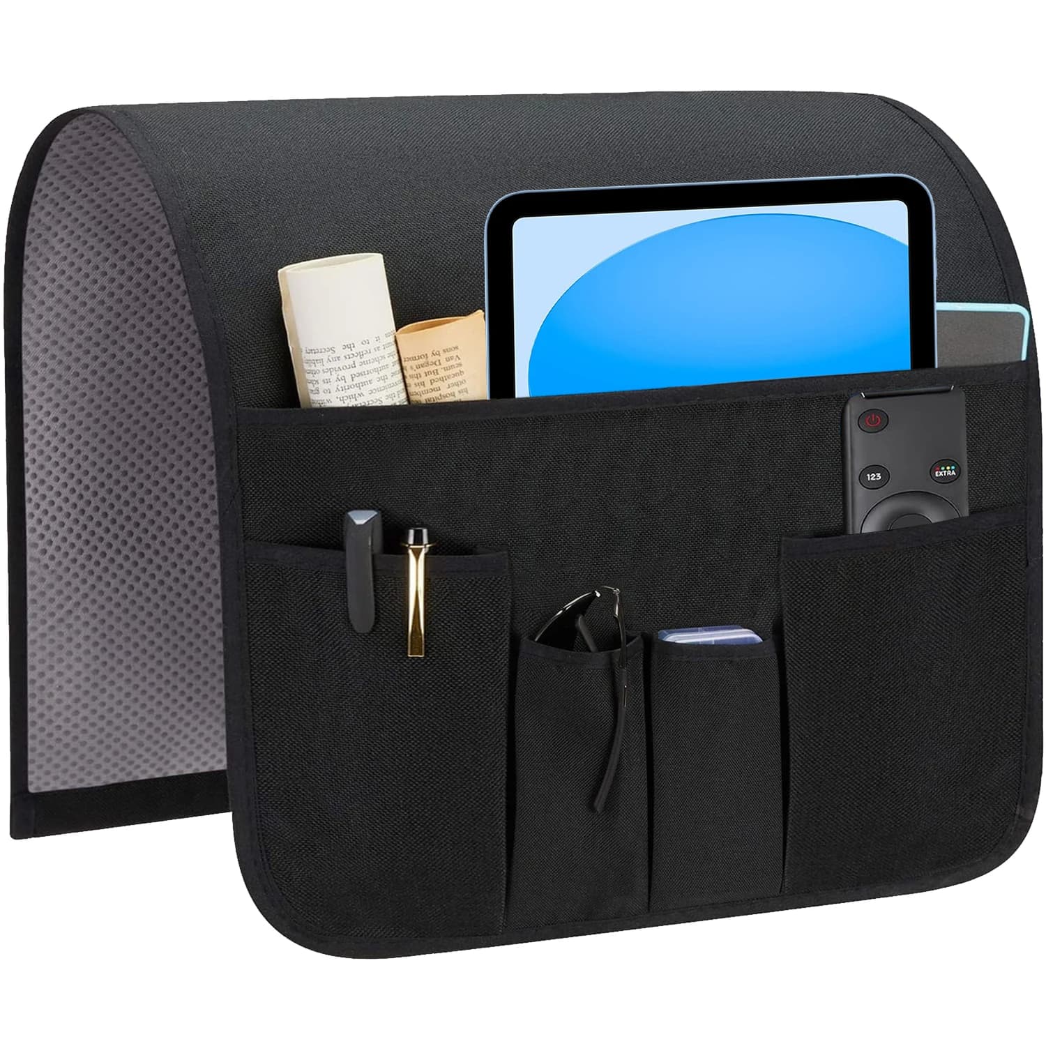 Organizer per braccioli per divano, supporto per telecomando per divano reclinabile, Caddy per poltrona con 5 tasche per riviste, Tablet, telefono, iPad