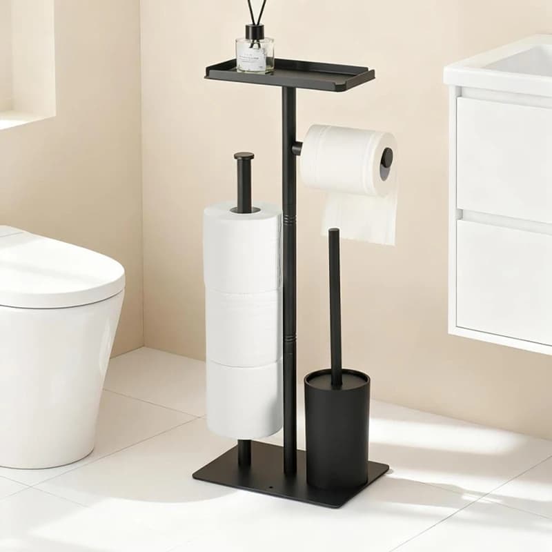 Portarotolo da pavimento in acciaio inossidabile con ripiano per scopino da bagno e portarotolo per carta, porta salviette incluso