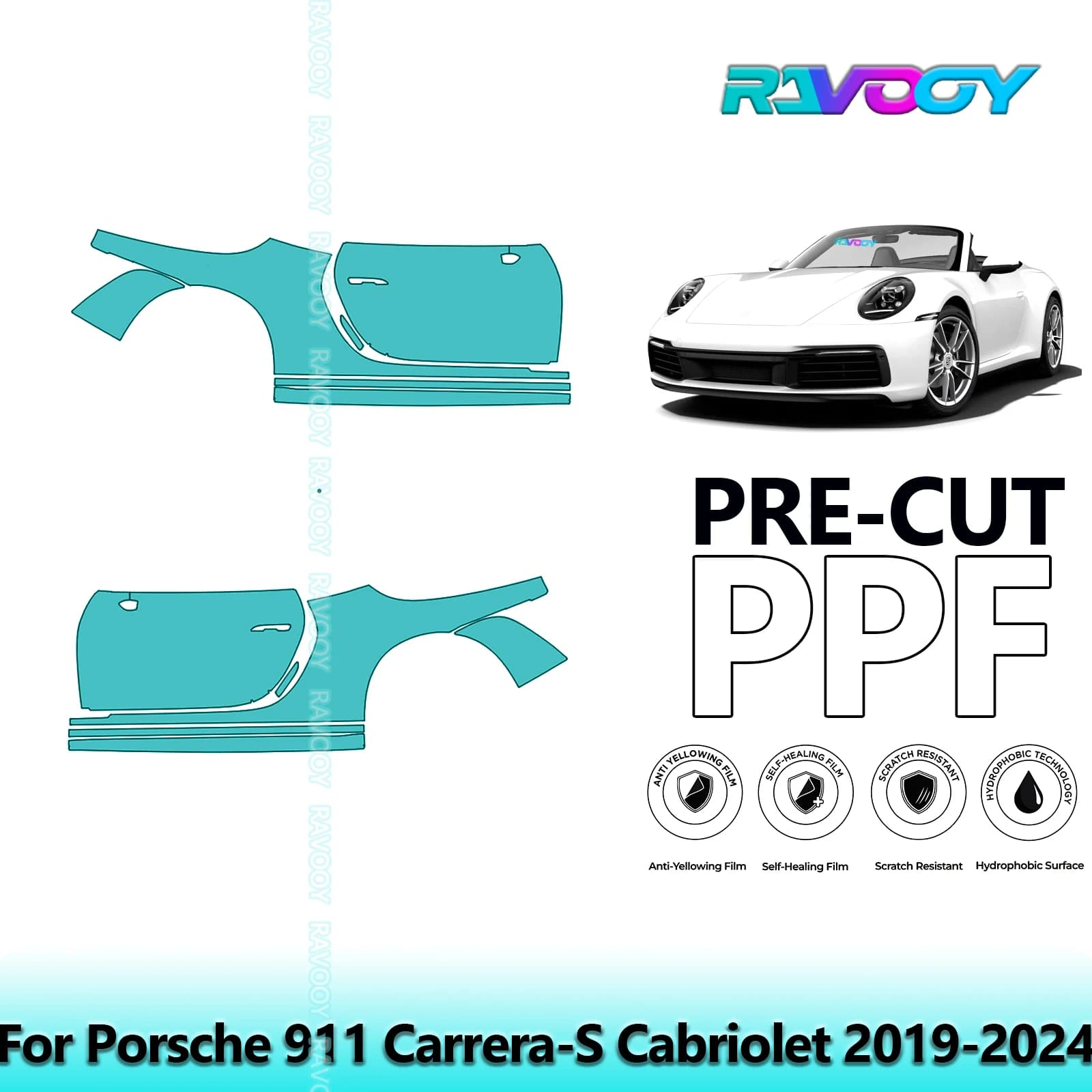 For Porsche 911 Carrera-S Cabriolet 2019-2024 8.5mil Transparent Pre-Cut PPF Door and Pillar A/B Kit TPU Paint Protection Film Set