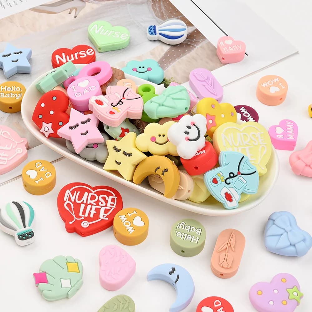 5 pezzi colorati misti perline di silicone cuore pentagramma a forma di luna perline massaggiagengive per fai da te catena ciuccio per bambini accessori giocattolo per la dentizione