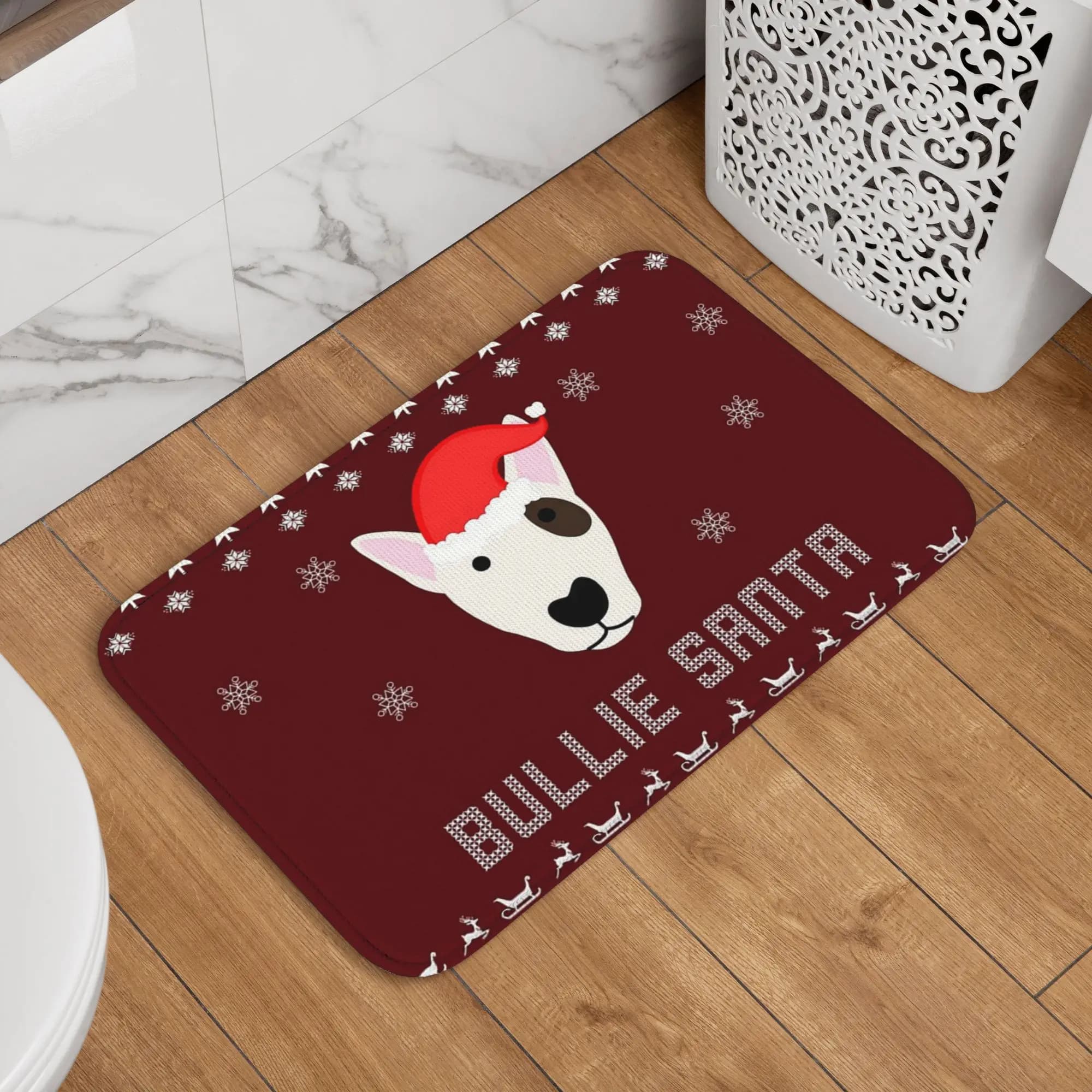 Tappetino Natalizio Assorbente con Cane Bull Terrier e Cappello da Babbo Natale, Tappeto per Ingresso Cucina e Zerbino per Piedi