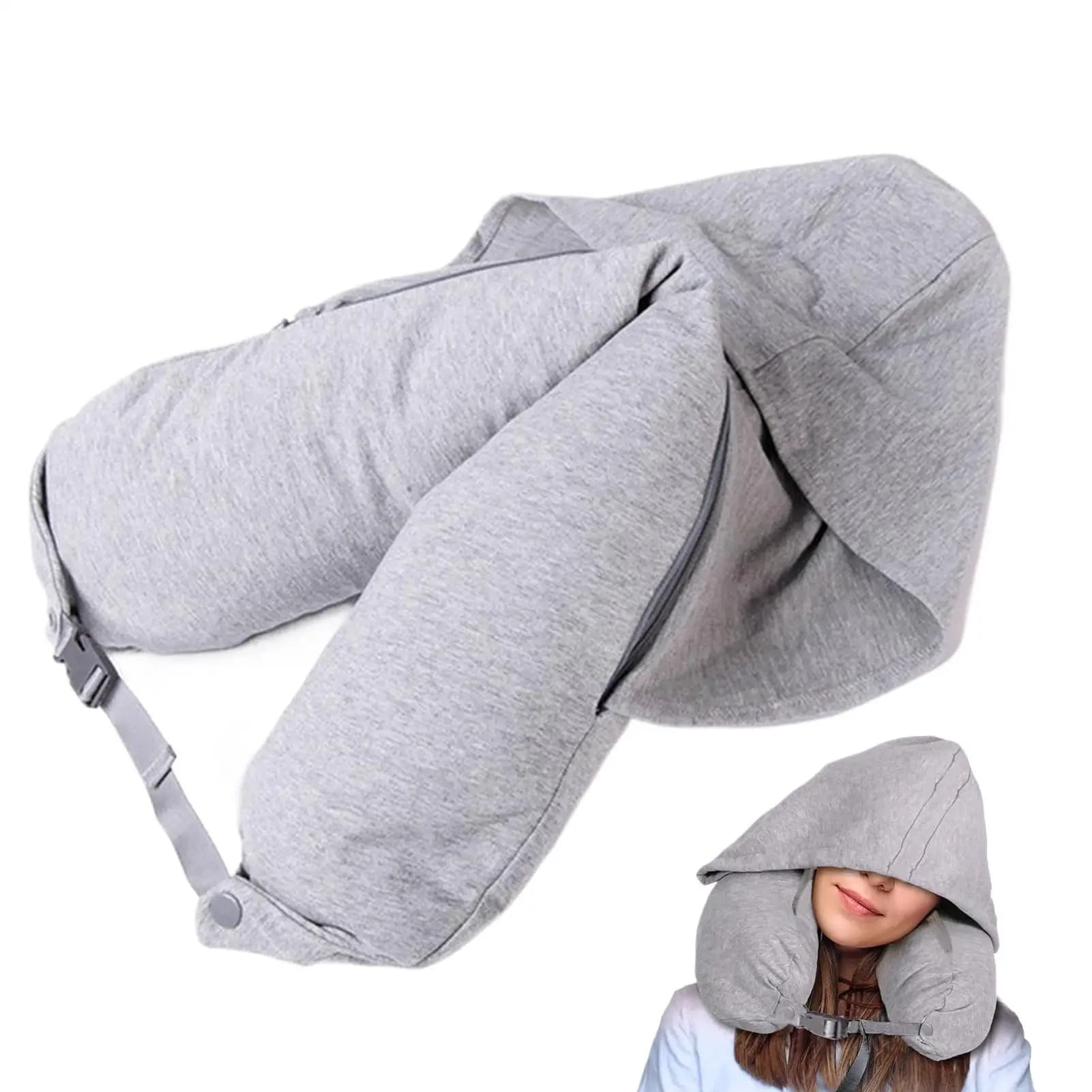 Travel Neck Pillow with Hood Air Neck Pillow Fillable Padded Storage Bag for Home, Car, Air, Hotel, Camping