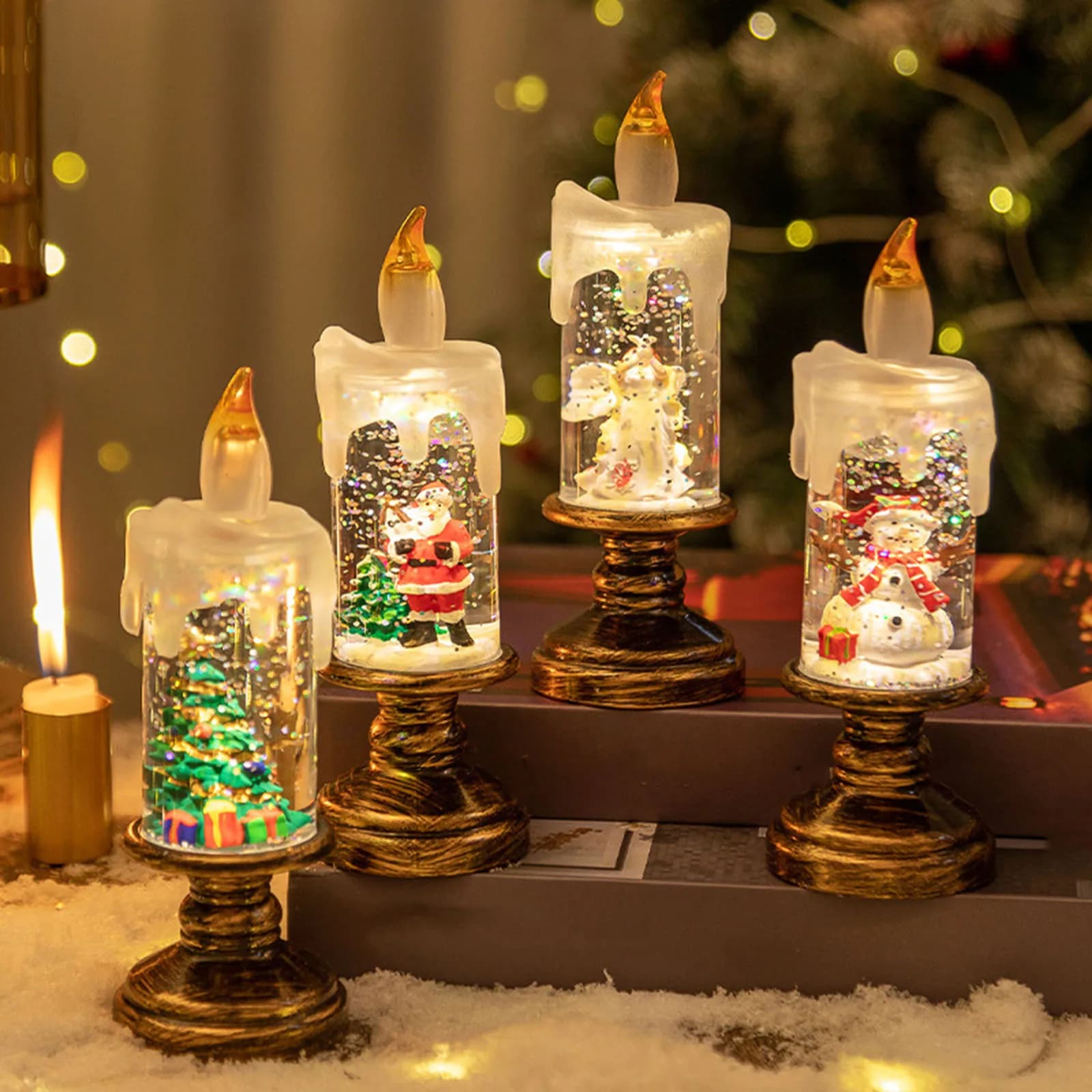Christmas Decorative Candles No Flame Wrought Led Sparkling Water Spinnings Candles Decorative Punches for Christmas Scenes