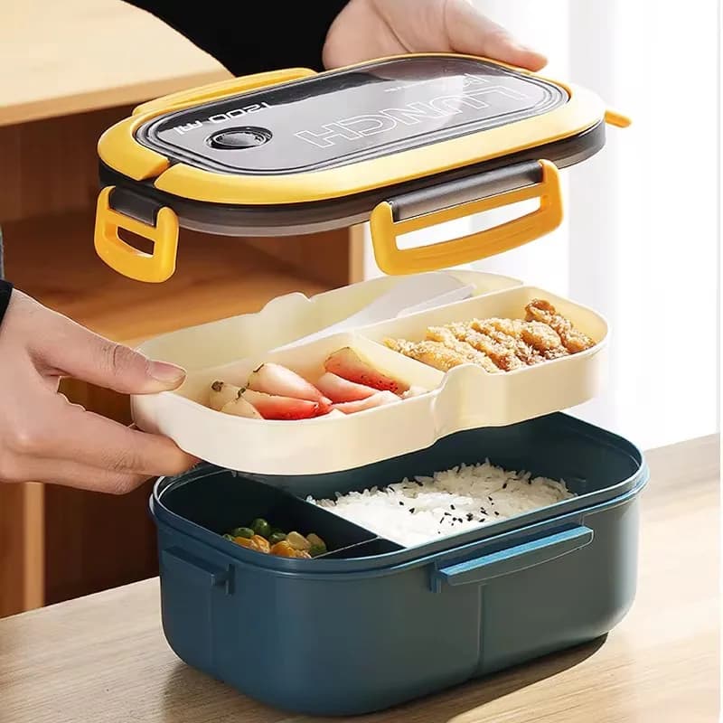 Contenitore Portatile per Frutta e Alimenti con Forchetta/Cucchiaio, Lunch Box a Doppio Strato per Preparazione Pasti, Contenitore Bento per Insalata