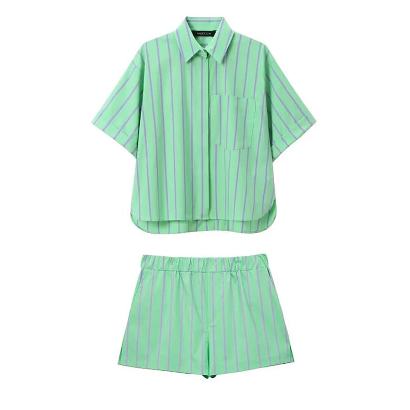 Koekop Top chiuso con bottoni a righe e risvolto alla moda da donna e pantaloncini chic da donna a righe con elastico in vita vintage