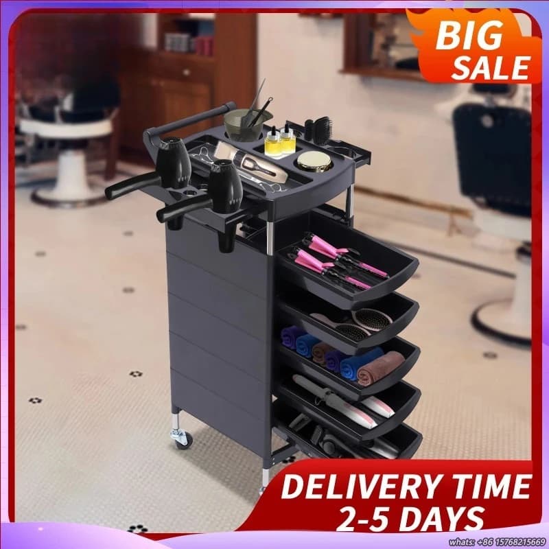 Carrello da Salone a 5 Cassetti con Porta Asciugacapelli, Organizzatore Mobile per Prodotti di Bellezza, Armadietto con Ruote per Barbiere e Casa