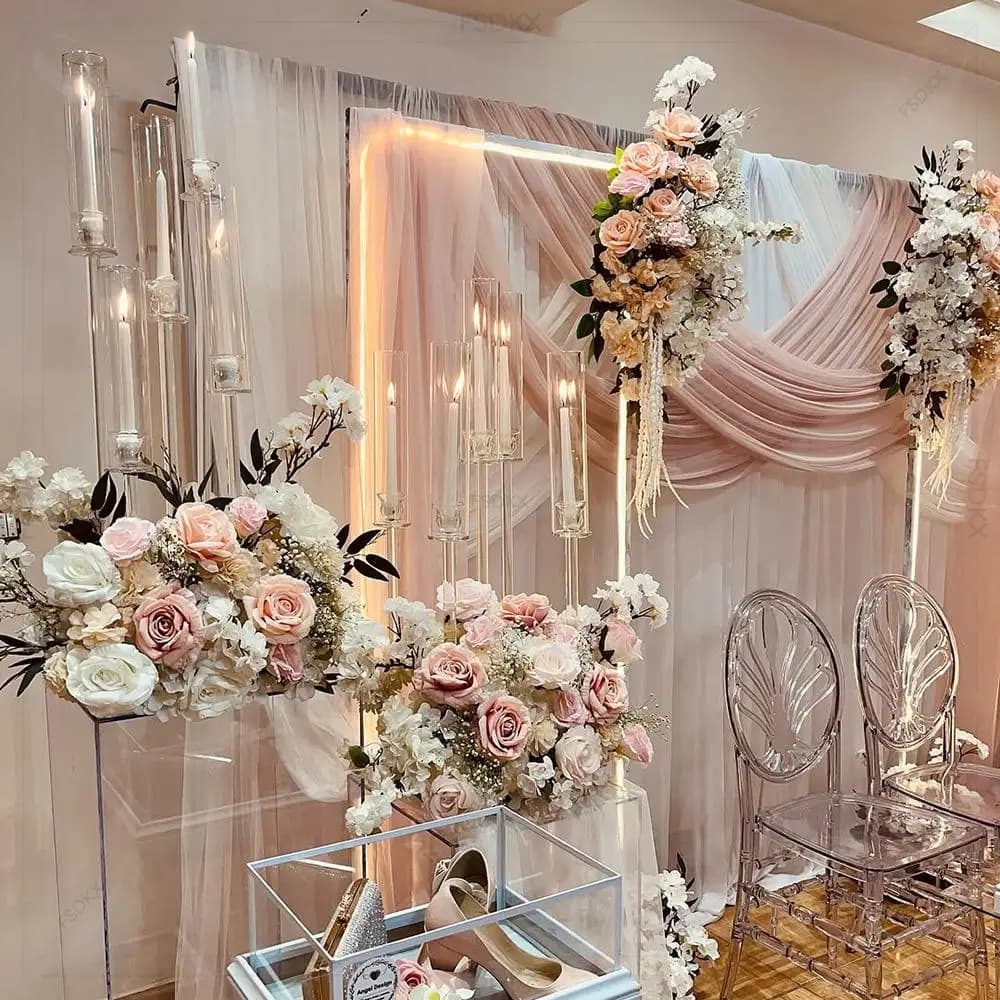 Tende bianche di misurazione personalizzate di lusso all'ingrosso, tende sullo sfondo per la decorazione di nozze