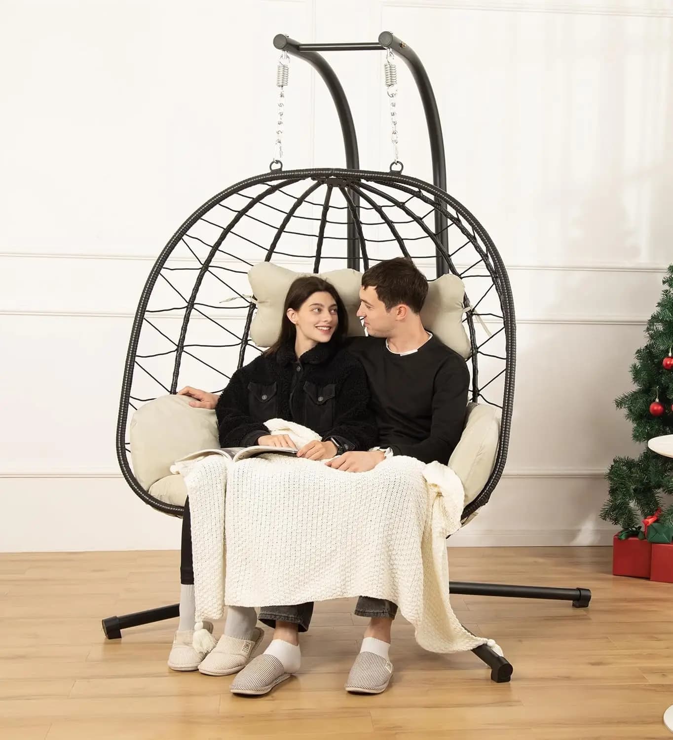 Double egg-shaped rocking chair with support, foldable hammock, suspended sofa, removable cushions resistant to UV rays, customizable