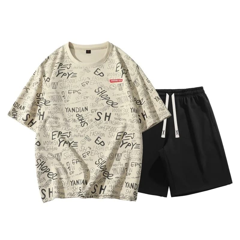 Men Japanese Graffiti Letter Print Two Piece Set Summer Loose Casual T Shirt Shorts Outfit