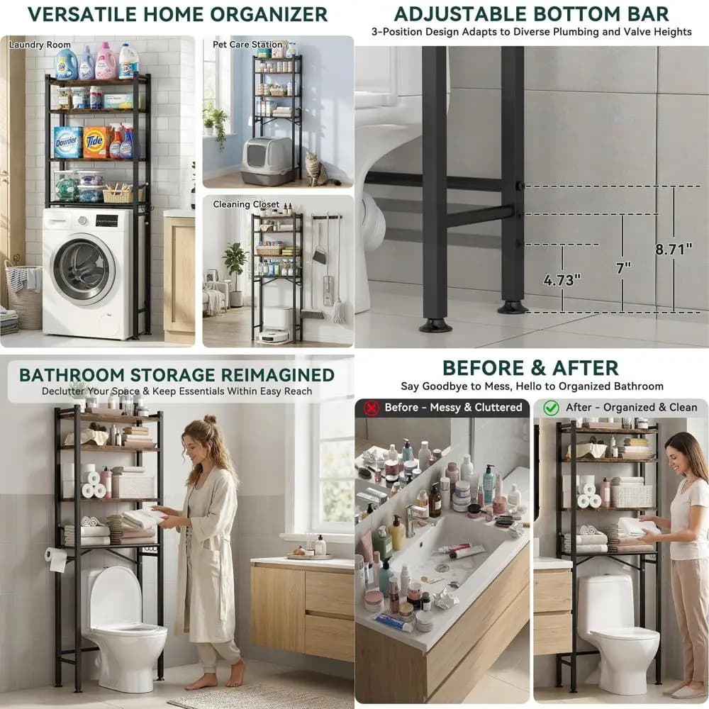 Scaffale portaoggetti a 4 livelli da posizionare sopra il WC, organizer verticale alto 69,3 cm con porta carta igienica e ganci, ripiani regolabili, design salvaspazio