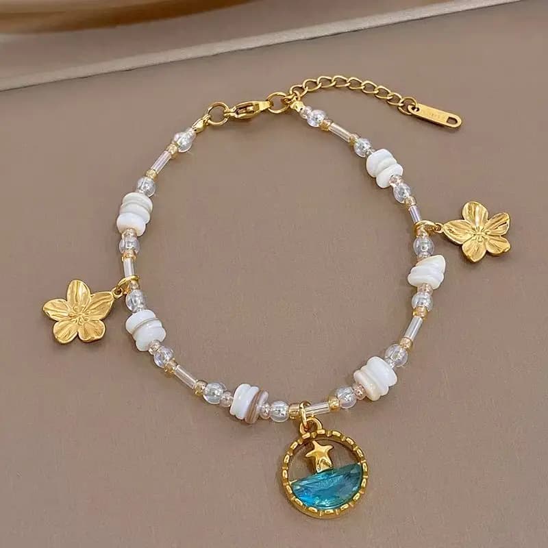 Elegant Stainless Steel Chain Flower Pendant Bracelet for Women Bohemian Tube Bead Seed Beaded Bangle Waterproof Hand Jewelry