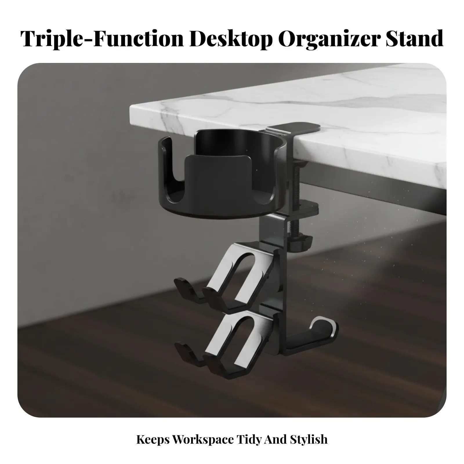 Organizzatore da Scrivania Multifunzione 3 in 1 Salvaspazio con Morsetto, Porta Tazza e Supporto Singolo Universale per Cuffie