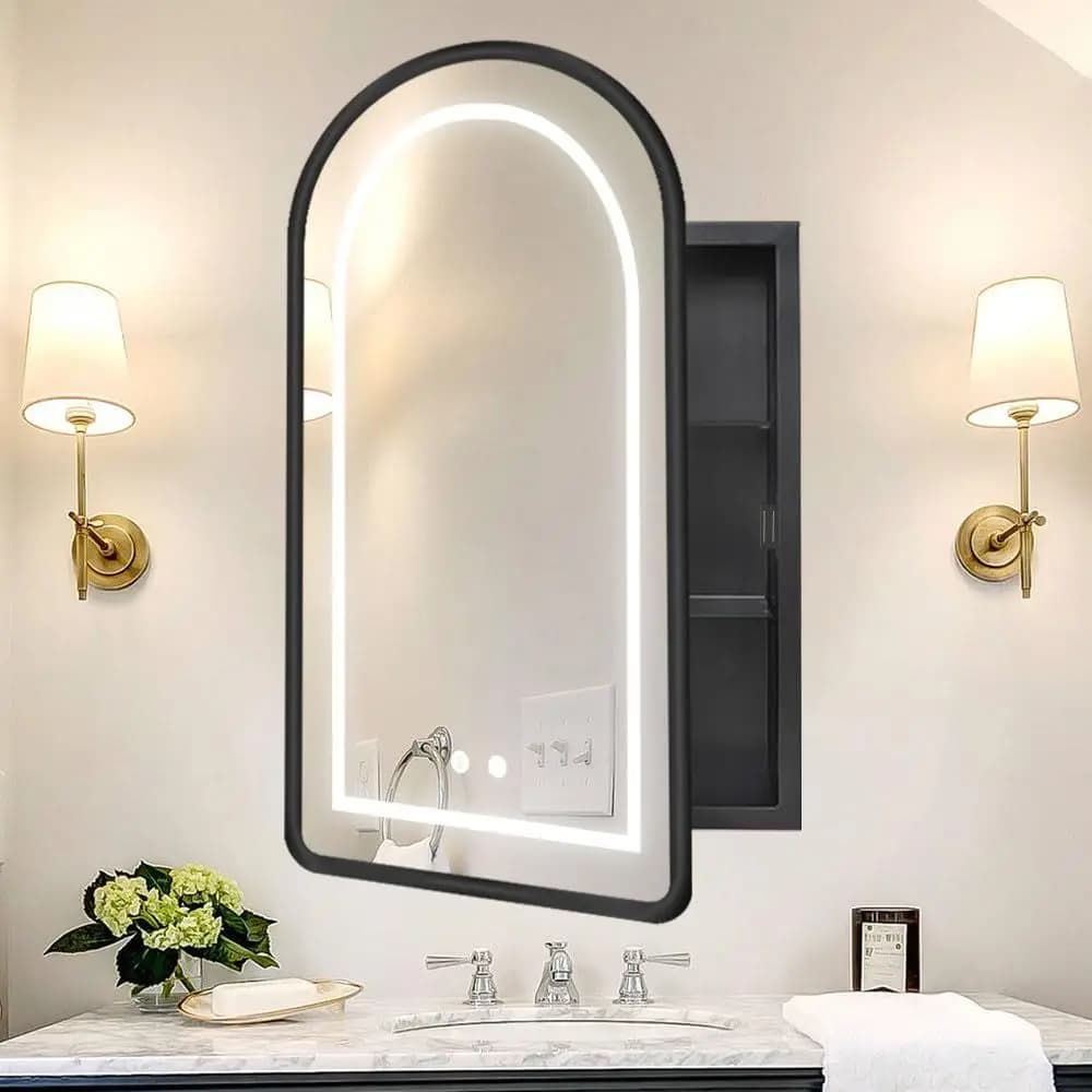 Armadietto medico ad arco da incasso nero con specchio LED, mobiletto bagno con specchio illuminato antiappannamento dimmerabile, nero