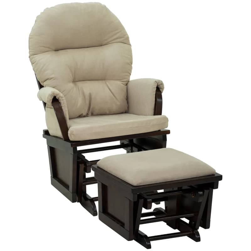 Sedia a dondolo per vivaio con pouf, seduta con cuscino imbottito spesso e base in legno, bianco crema