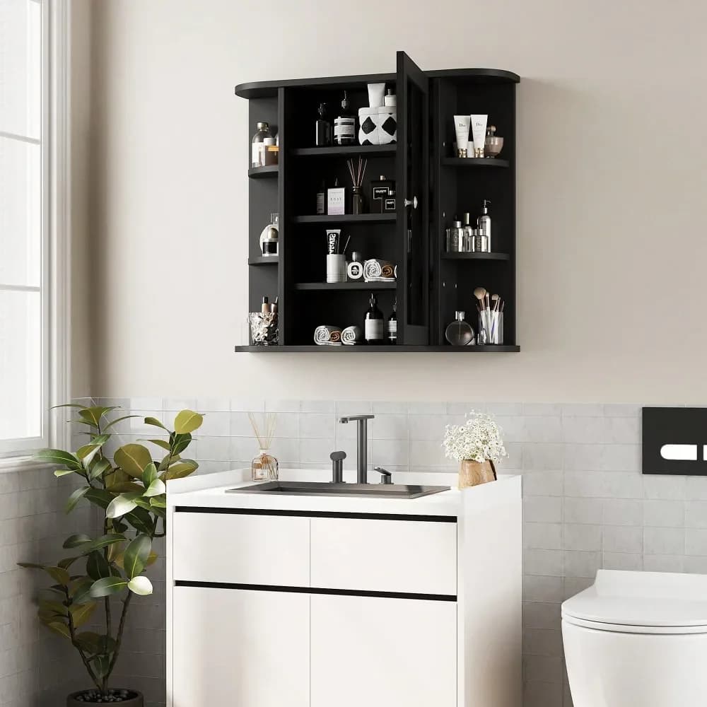 Armadietto a Specchio da Bagno a Parete, Armadietto Portamedicinali da Bagno con Specchio e 6 Ripiani Aperti, Mobiletto da Parete Bianco per Bagno