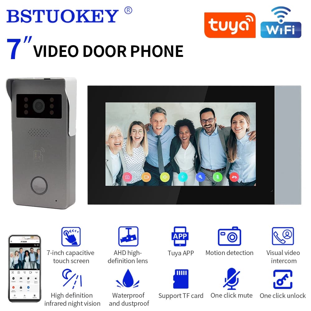 TUYA Videocitofono cablato da 7 pollici Monitor interno IR-CUT 1080P Telecamera esterna Citofono visivo Audio a due fili Sblocco remoto Video D
