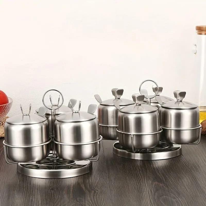Set di barattoli per condimenti in acciaio inossidabile con contenitore per spezie a cucchiaio con base girevole Accessori da cucina per vaso per condimenti per sale e zucchero