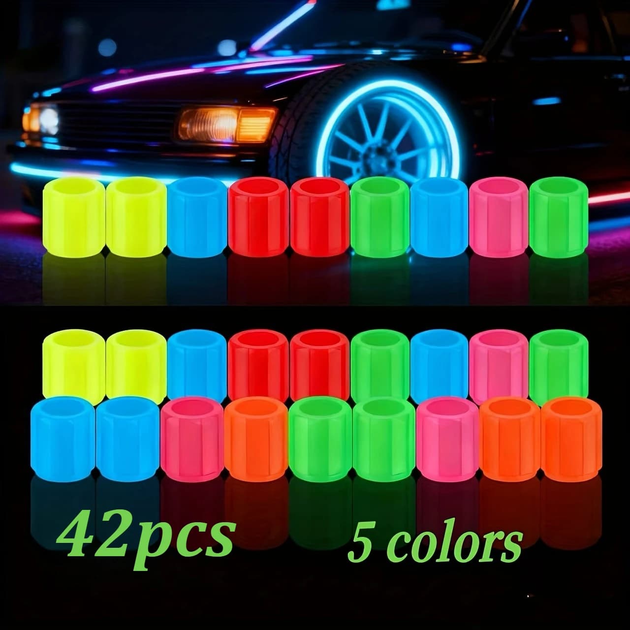 42-piece mixed pack of new luminous tire valve caps, glow-in-the-dark automotive wheel valve caps suitable for cars, motorcycles, trucks and bicycles, stylish tyre valve covers