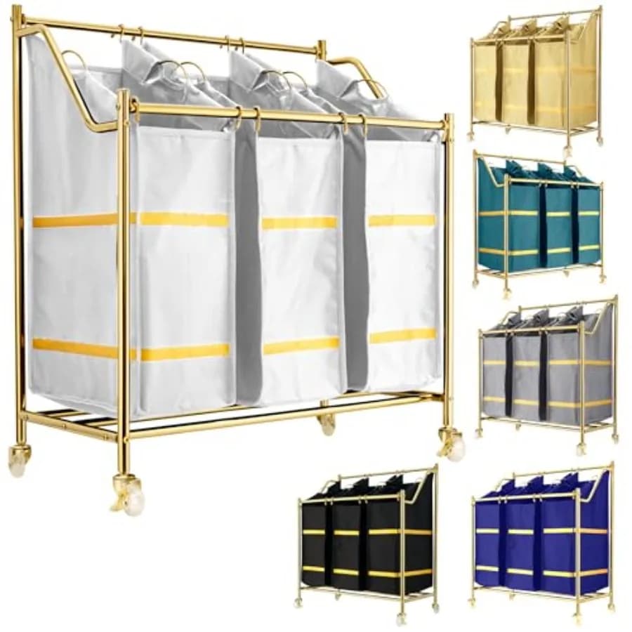Cesto Portabiancheria di Lusso a 3 Scomparti con Ruote, Carrello Portabiancheria con 3 Sacchi, Organizzatore XL per Bucato