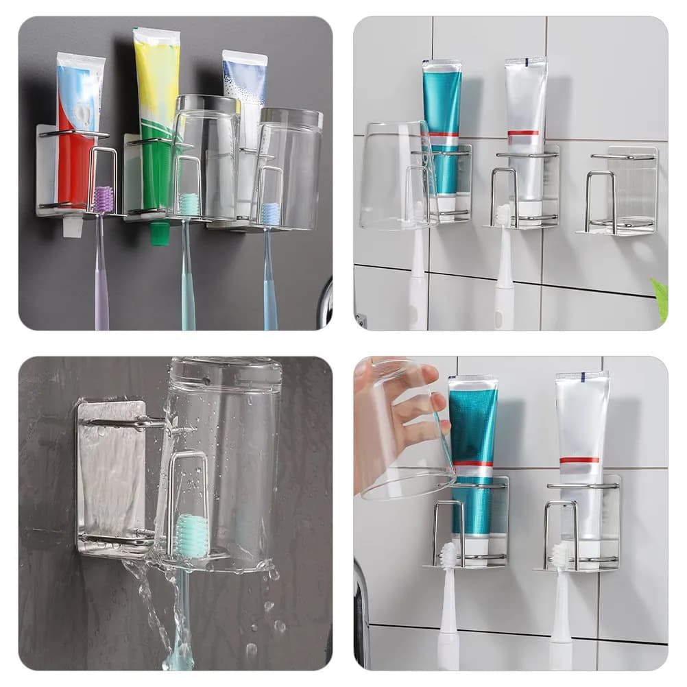 Portaspazzolino da parete in acciaio inossidabile, organizer per spazzolini e bicchieri, accessori da bagno per superfici lisce