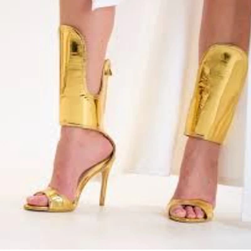 Gold Mirror Leather Hollow Cut Out Sandals Open Toe Two Pieces Back Zipper Female Evening Club Dress Shoes